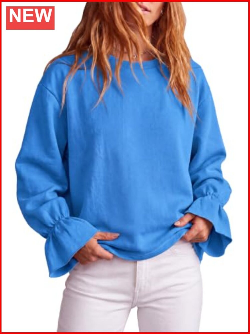 Oversized Crew Neck Sweatshirt Fleece Ruffle Sleeve Pullover